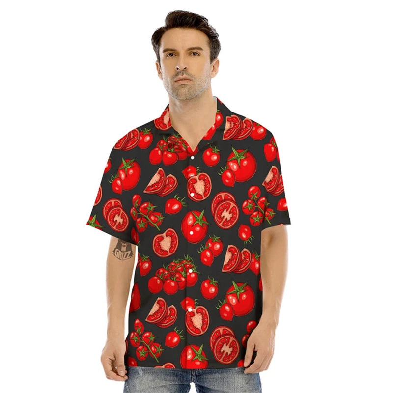 Summer Fashion Mens Hawaiian Shirts Short Sleeve Button Tops 3D Printed Casual Beach Tomato Shirt Plus Size 6XL Hombre Ropa