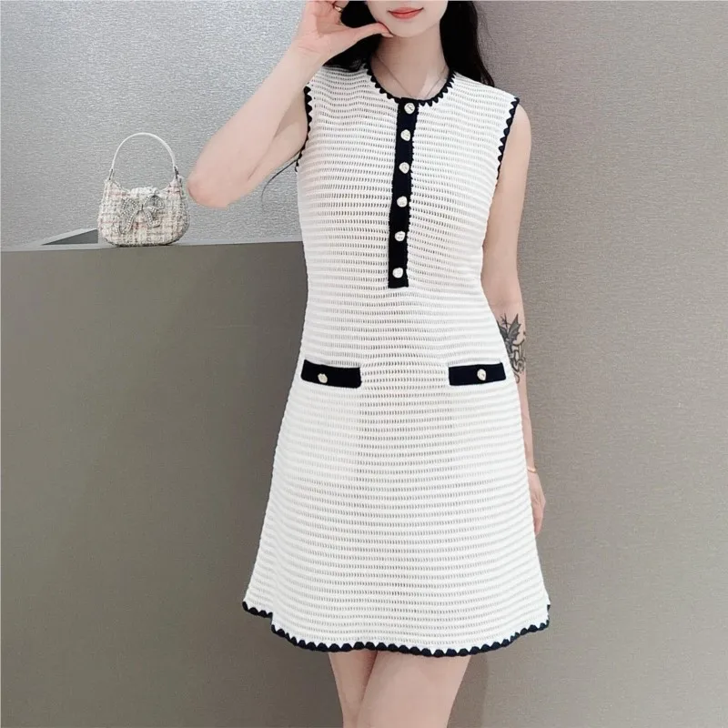 White knit dress Summer crewneck sleeveless socialite elegant crochet dress