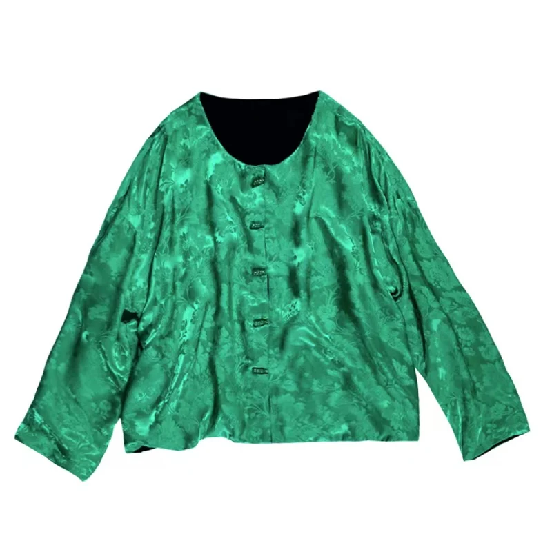 Giacca Jacquard verde allentata alla moda da donna con Top indossabile a doppia faccia in seta + velluto in stile cinese nuovo inizio autunno S-XL