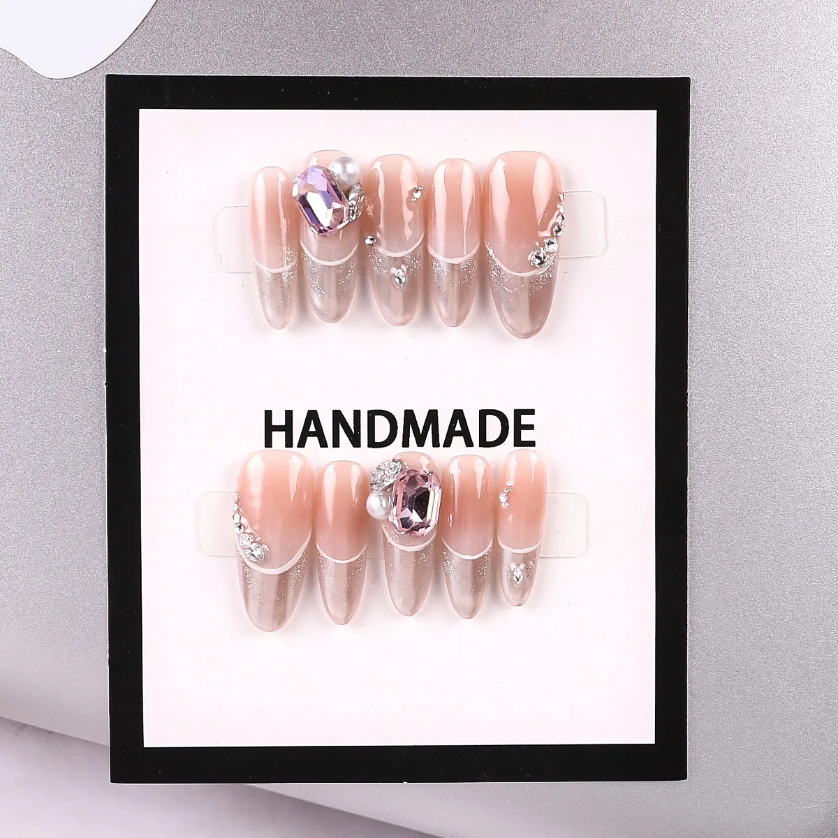 Pink bridal fake nails fully covered, handmade 10 piece set, long oval shape suitable for wedding nail decoration