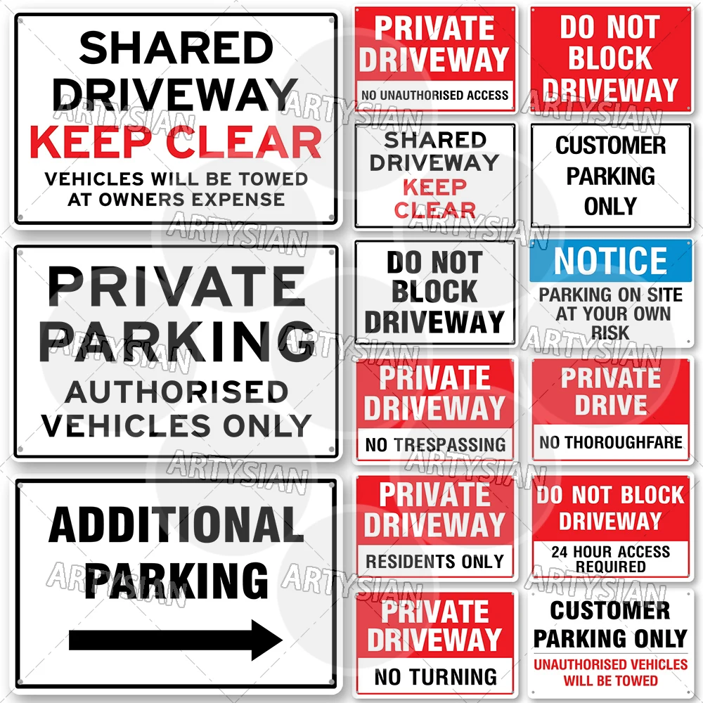 Sinal de metal de aviso de estacionamento restrito, sem giro de marcha lenta, motor desligado, entrada privada, estacionamento de hóspedes, estacionamento no seu próprio risco, placa