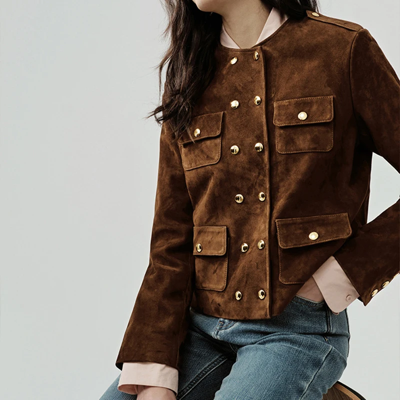 Coffee Vintage Cow Suede Jacket Spring Autumn Women Double Breasted O-Neck Straight Loose Short Leather Coats Jaqueta Feminina