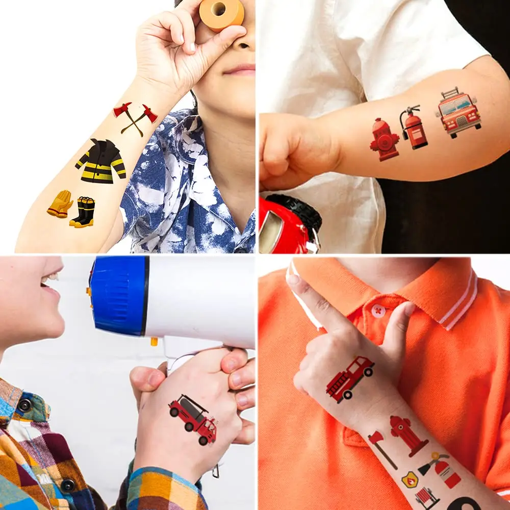 10 Pcs Firefighter Temporary Tattoos Kids Stickers  Boys Fireman Party Supplies Fire Truck Toy Favors Birthday Decorations Gifts