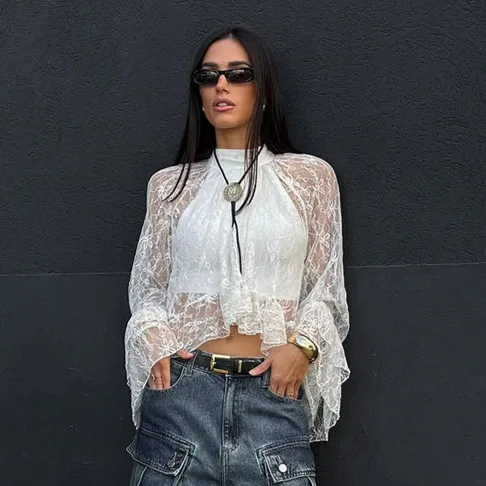 

2026 Spring New Pure Desire Style White Lace Jacquard Perspective High Neck Commuting Lazy Style Long Sleeve Shirt
