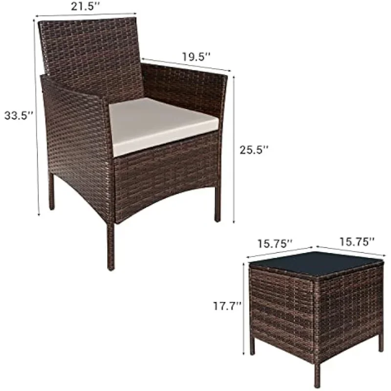 3 Pieces Patio Dining PE Rattan Wicker Chair Furniture Set with Cushion and Glass Coffee Table for Outdoor Garden