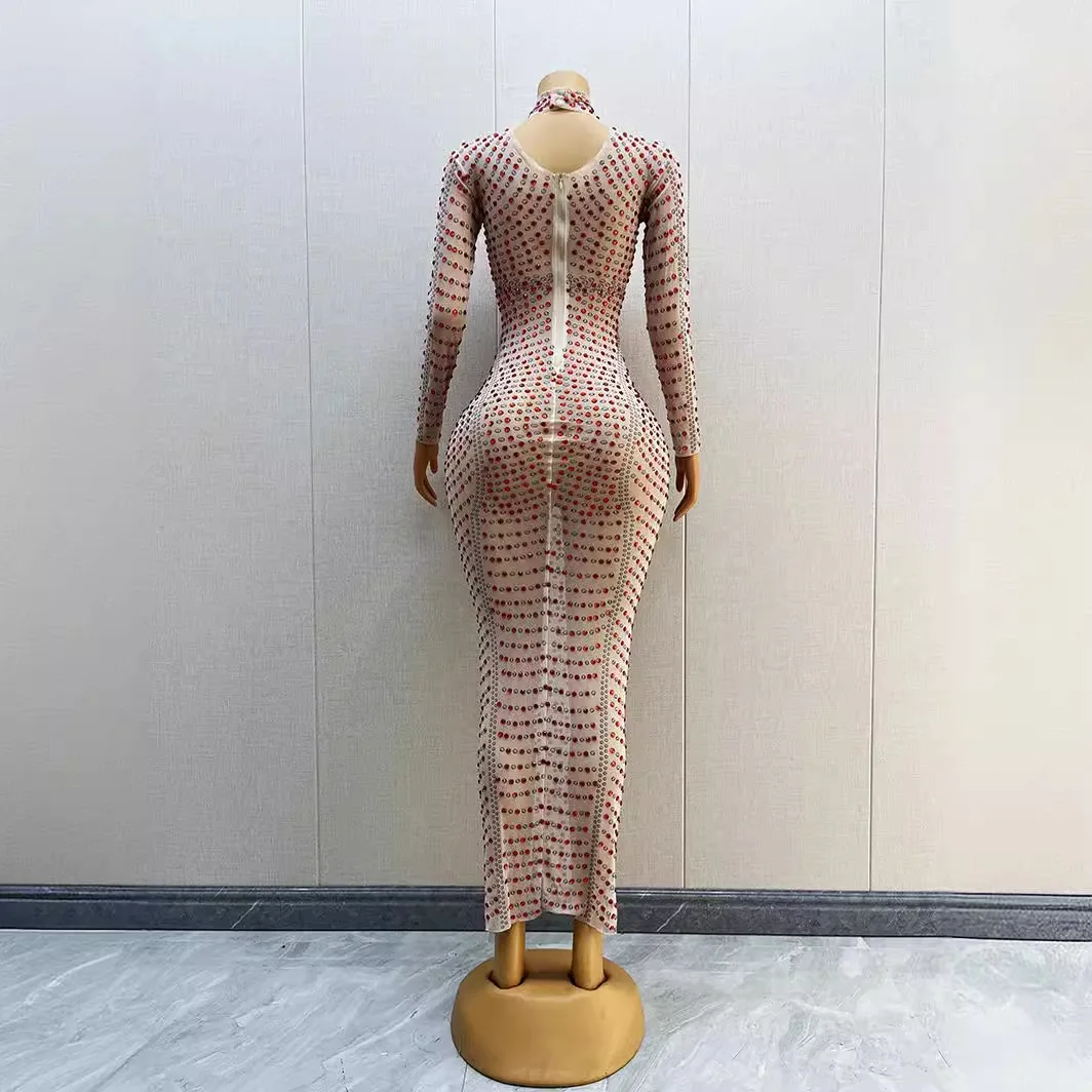 Diamond dress costume birthday costume female singer host model long sleeve small diamond fine glitter sexy perspective