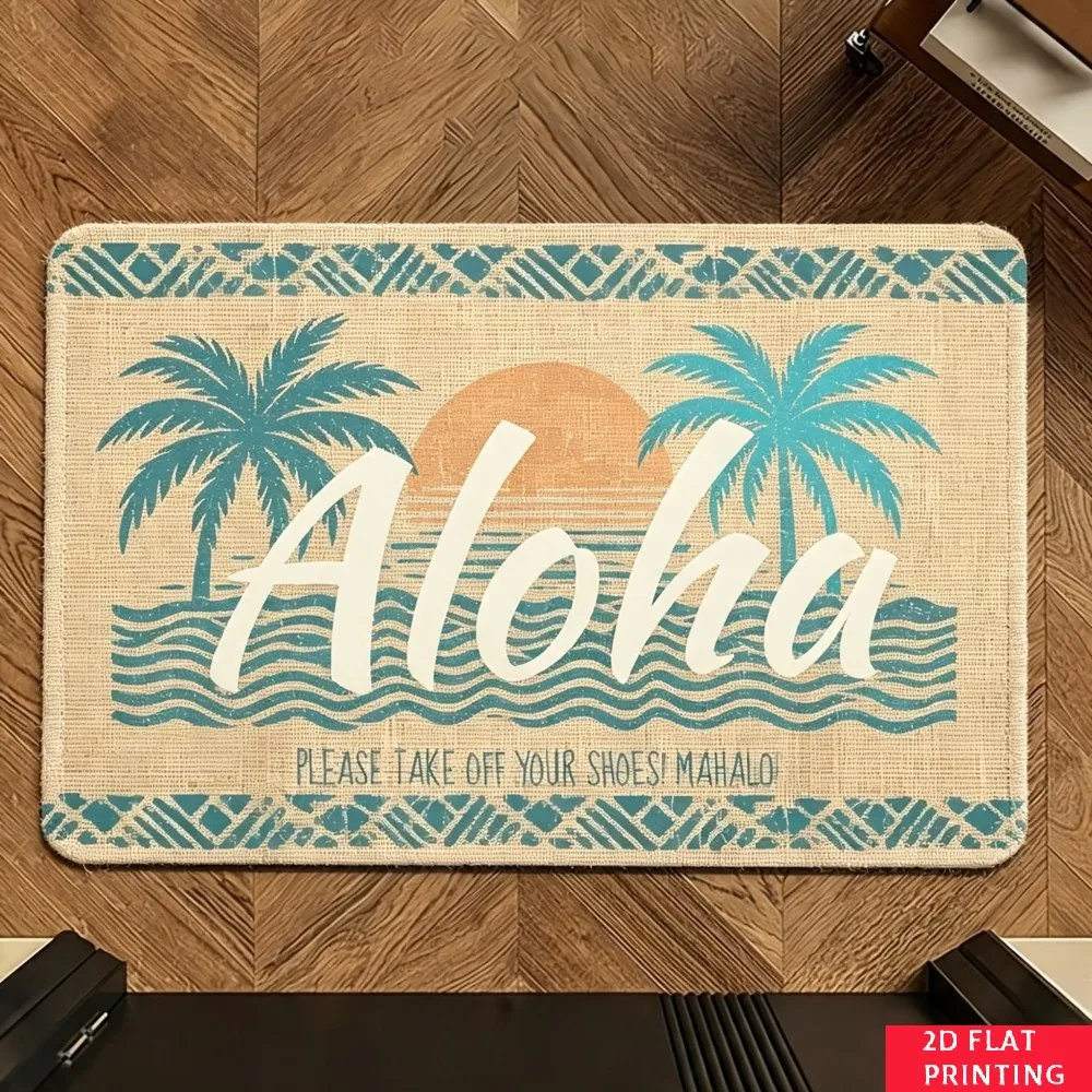 Aloha Turtle Hawaiian Welcome Mat Beige Linen Texture Blue Silhouette Script Text Print Non Slip Outdoor Porch Rug For Tropical