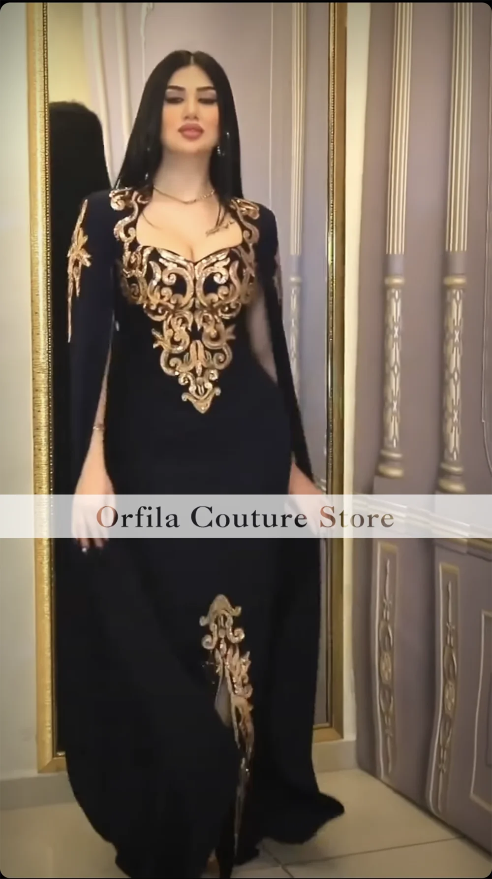 Black Arabic Saudi Prom Dress With Cape Appliques Lace Middle East Party Gowns for Women Vestido De Festa Customized