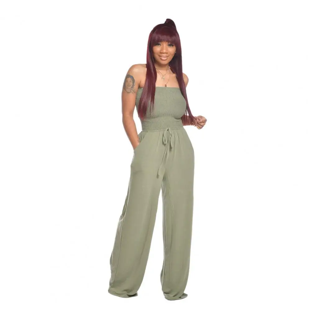 

Women Jumpsuit Bandeau Off Shoulder Backless Sleeveless Wide Leg Drawstring Pockets High Waist One Piece Overalls Party