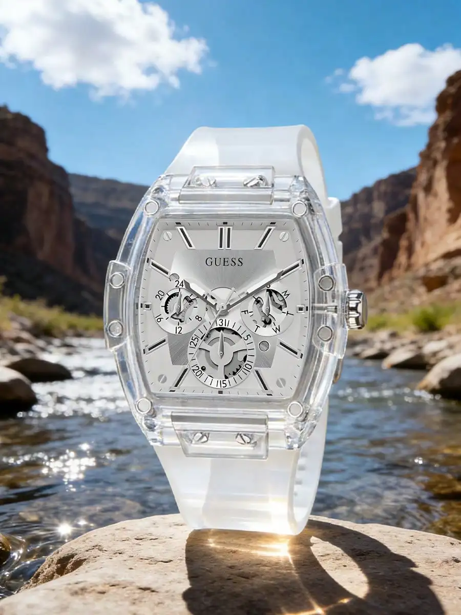 Relojes de Lujo Originales GUESS para Hombre, Reloj de Pulsera Deportivo de Silicona Blanca con Cronógrafo de Cuarzo Multifunción Transparente Tonneau