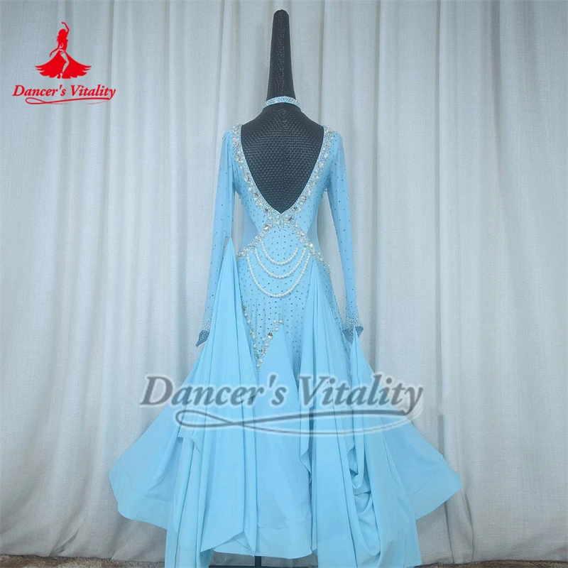 Adulto luz azul ab pedras pérola decoração mangas compridas dança de salão vestidos de competição profissional high-end personalizar