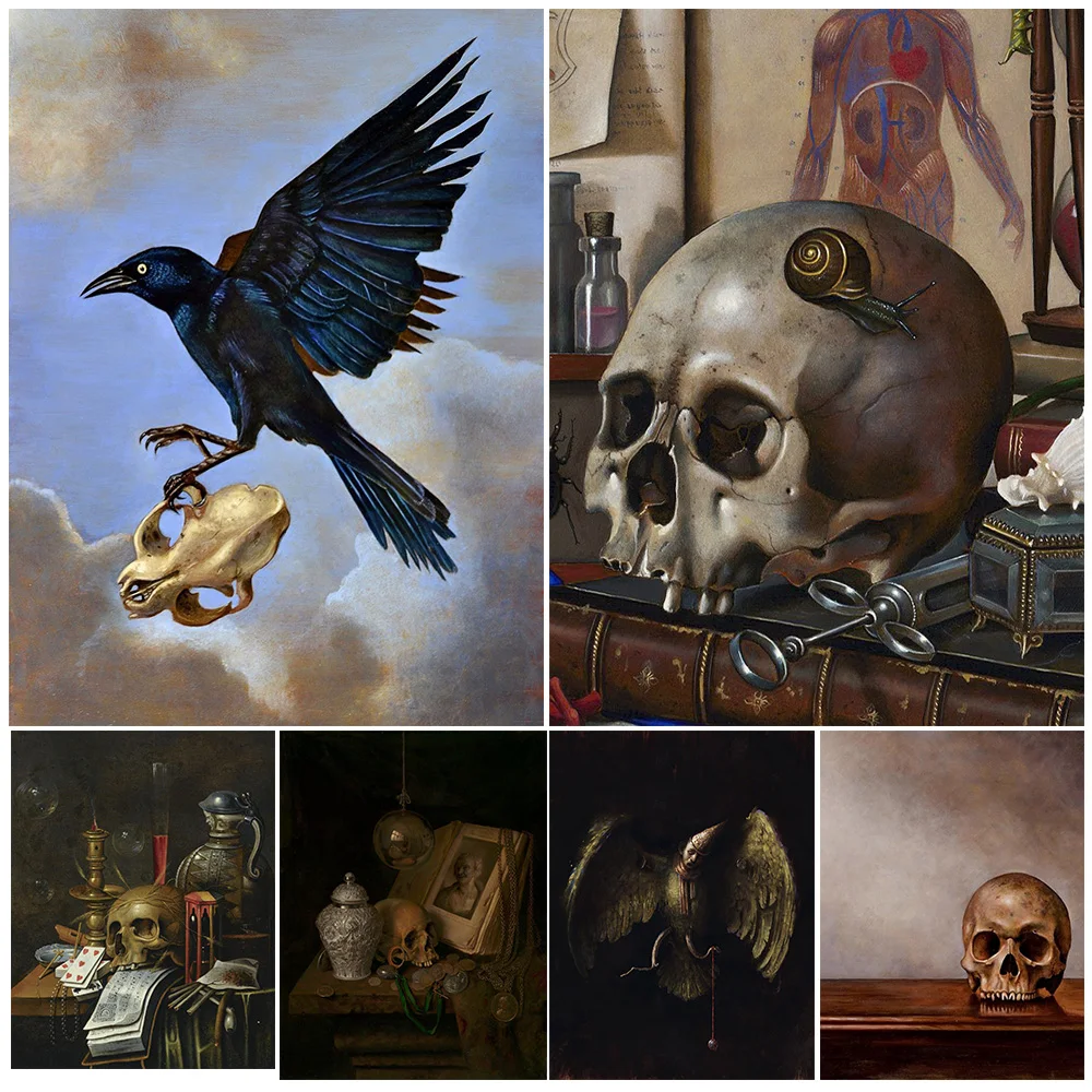 Skeletons,Butterflies,Flowers,Mice,Moths,Wall Art Canvas Print,Silver Coins,Ancient Books,Candles,Potions,Frogs Art Poster Print