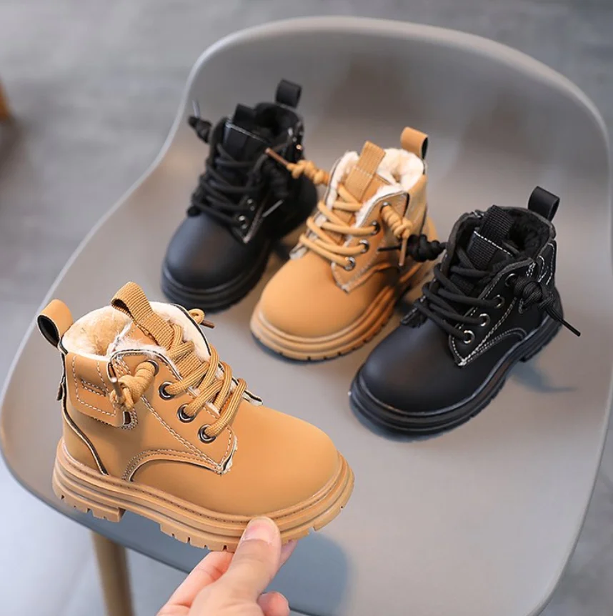 Children's Fashion Snow Boots Winter Thickened Boys Girls' Anti Slip Warm Leather Boots Side Zipper Kids Warm Plush Cotton Shoes