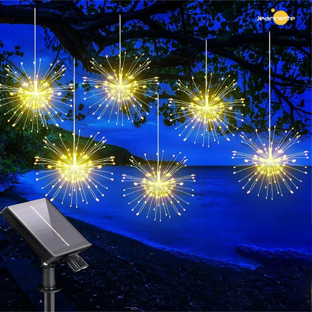 Solar Firework Lights Starburst Sphere Lights Dimmable Remote Control Waterproof Hanging Fairy Light Christmas Garden Decorative