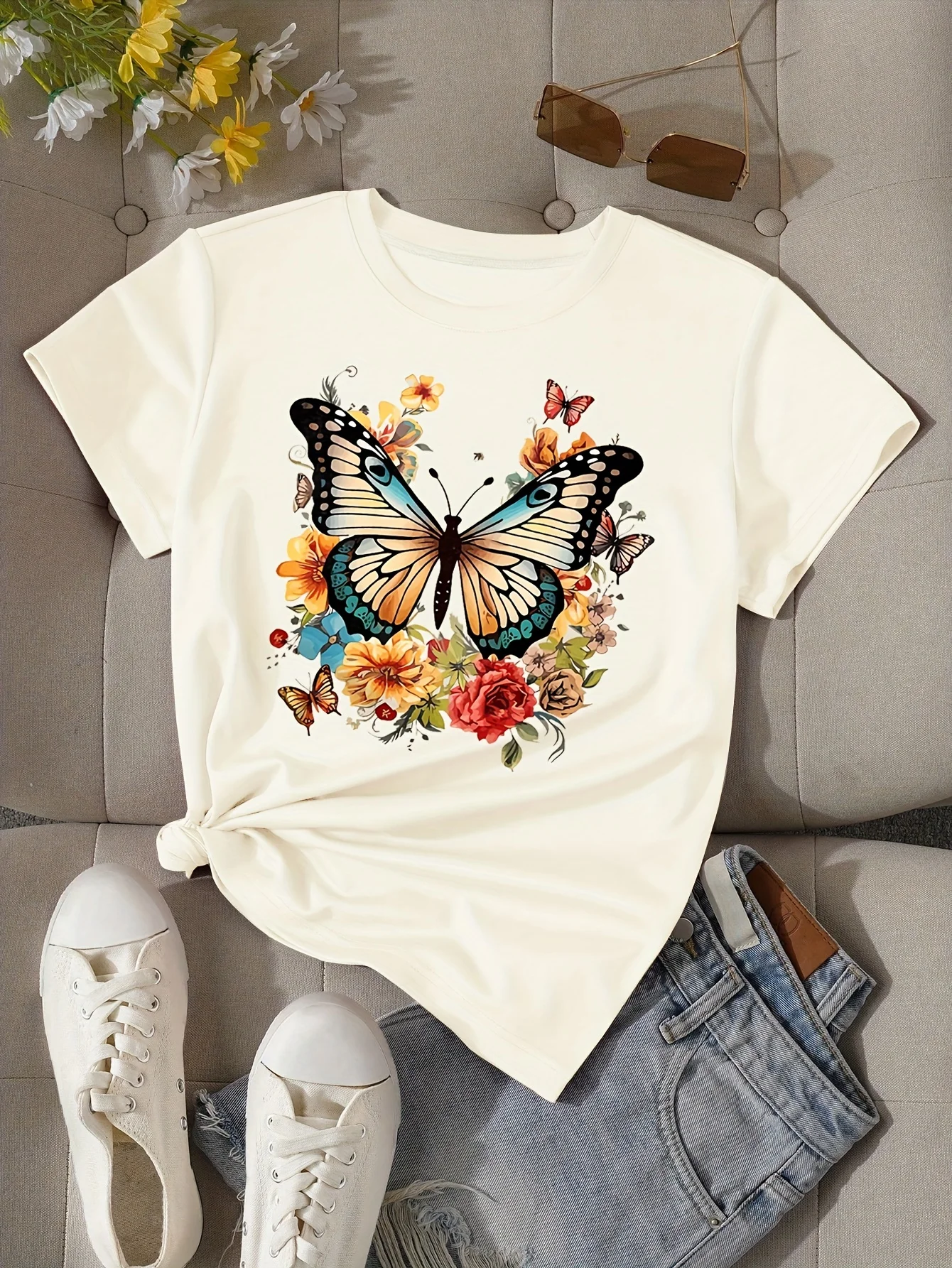 الفراشة والزهور تي شيرت مطبوع كم قصير طاقم الرقبة عادية للصيف والربيع الملابس النسائية y2k تي شيرت