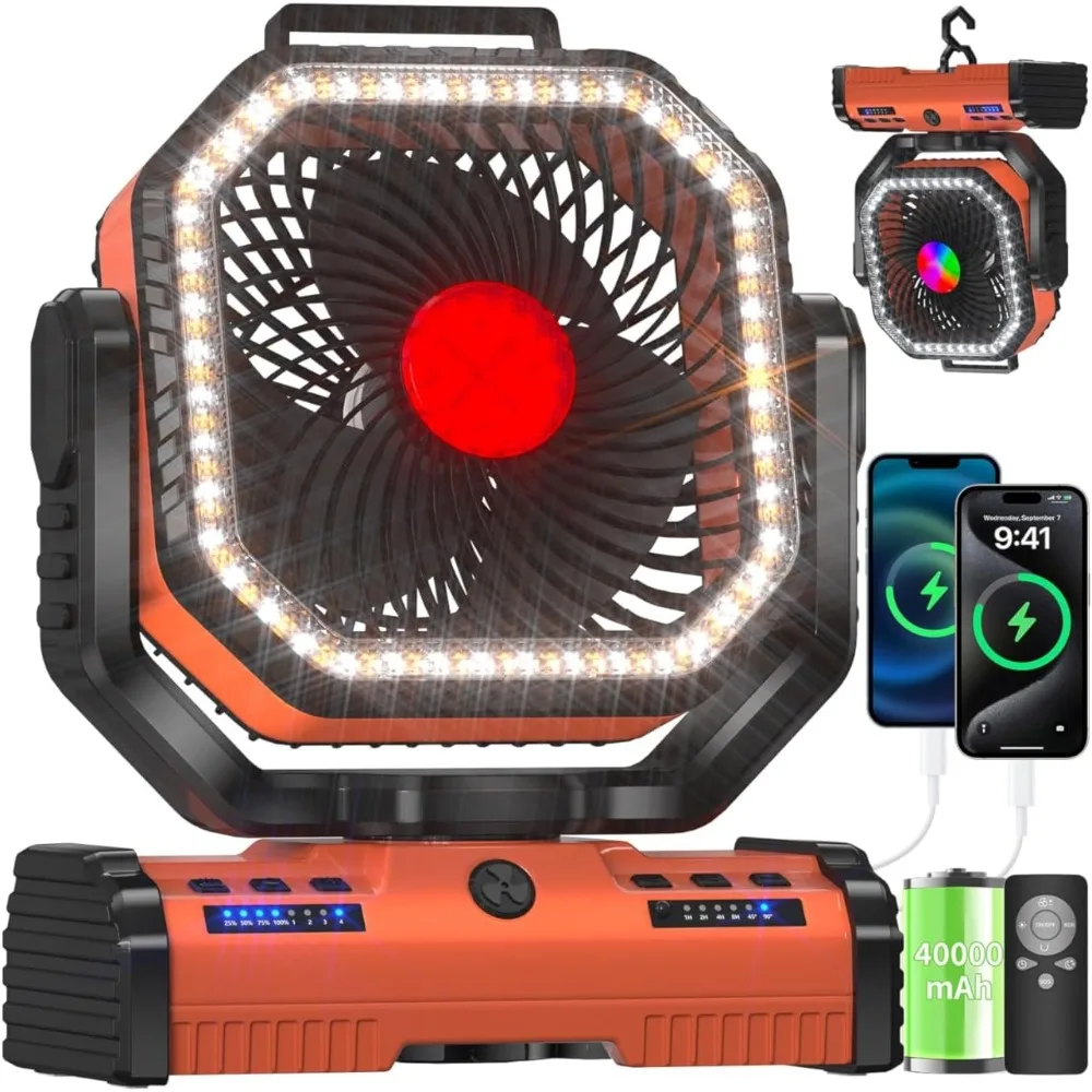 

12 Inch Portable Camping Fan, 40000mAh Rechargeable Battery Powered Fan with 4 Speeds Wind and LED Light 140H