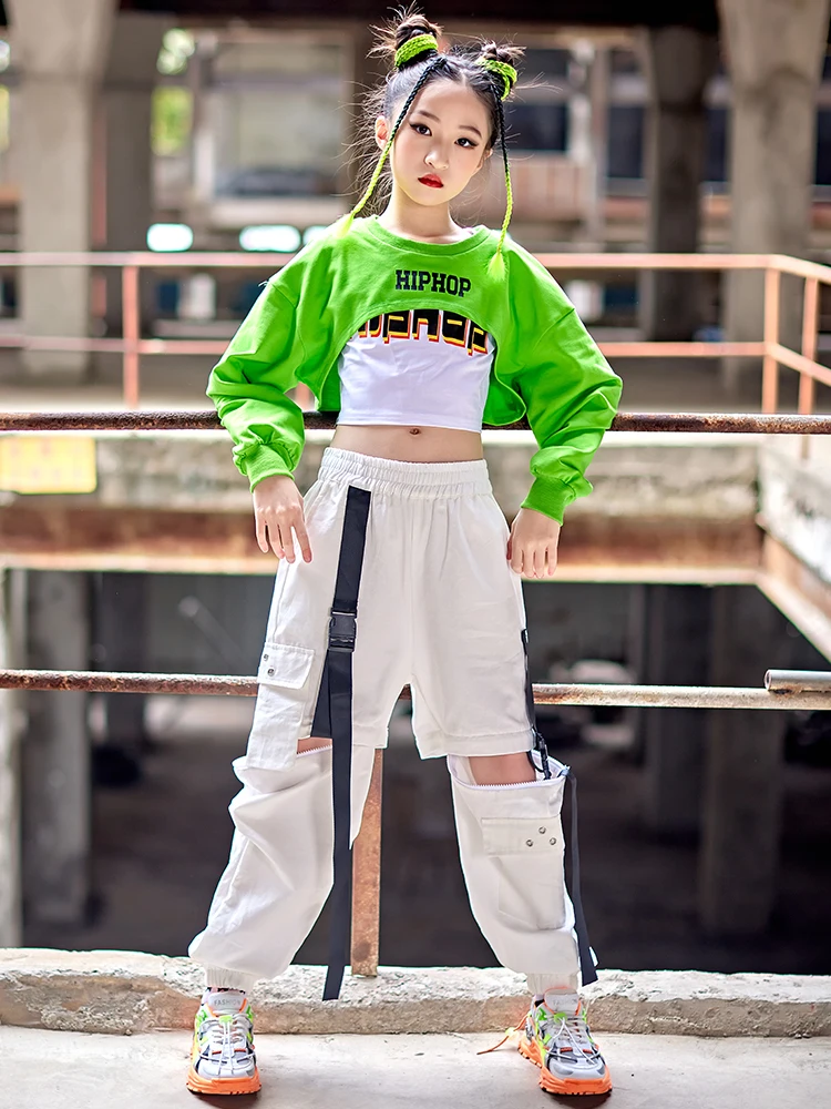 Disfraz de baile de Hip Hop para adolescentes, Tops cortos verdes, pantalones blancos, ropa de práctica de baile moderno, atuendo de actuación de concierto BL9077