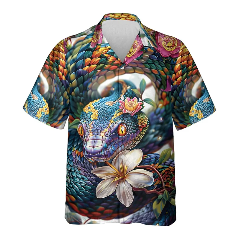 Horror Python Pattern Hawaiian Shirt Men Funny Snake 3D Printed Aloha Shirts Summer Street Casual Short Sleeve Lapel Blouses