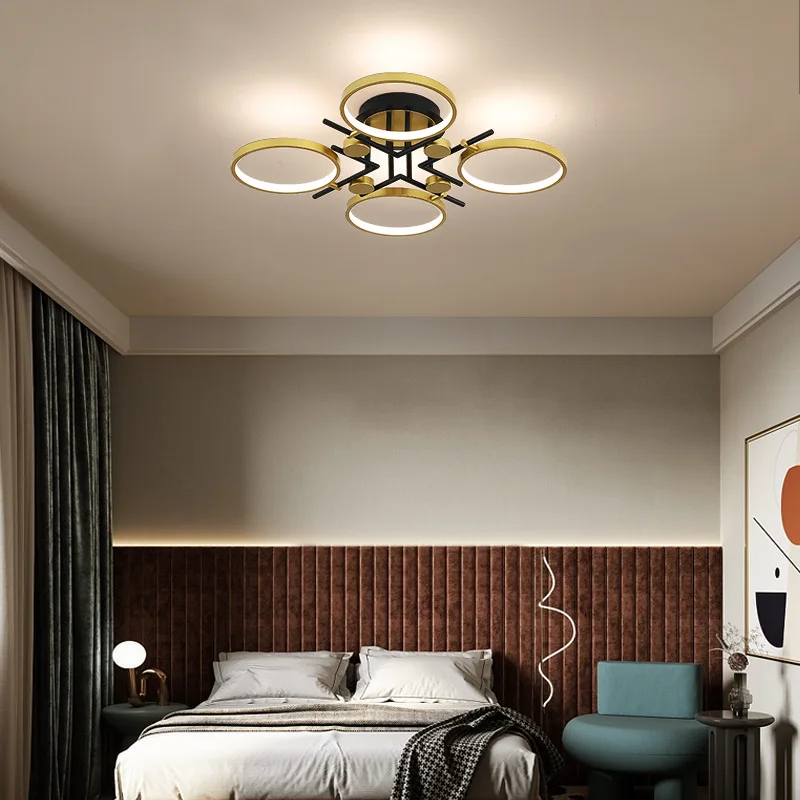 

LED Chandeliers 4 Head Pendant Lights Bed Room Ｍodern Indoor Lighting Ceiling Lamp Remote Control or Push Button Switch,Golde