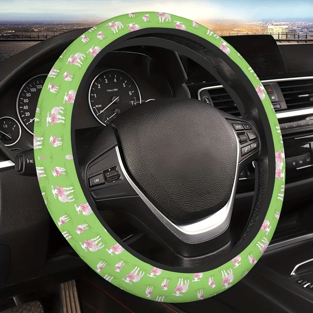 A Car Steering Wheel Cover Featuring Cute Lamb Design with Pink Bow Perfect for Easter Gifts. It Adds a Lovely Decoration