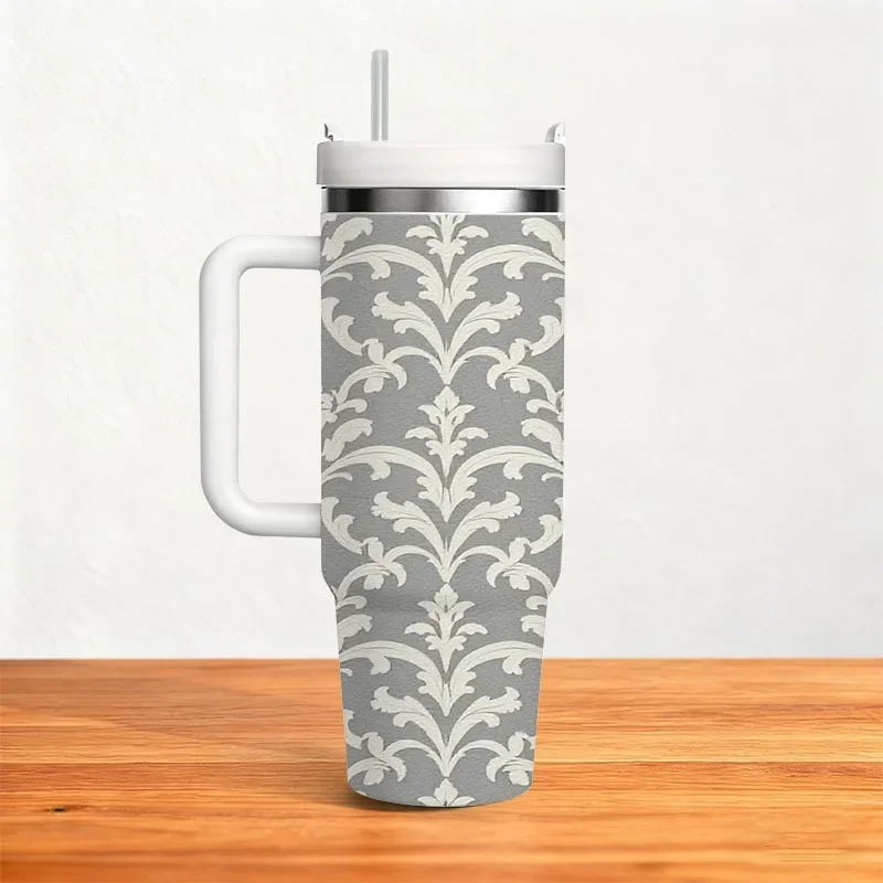 Elegant Seamless Floral And Leaf Pattern 40Oz Stainless Steel Insulated Tumbler, Classic Ornate Gray Background Digital Print, Reusable Insulated Drink Cup for Daily Use, Office Commute And Outdoor Activities