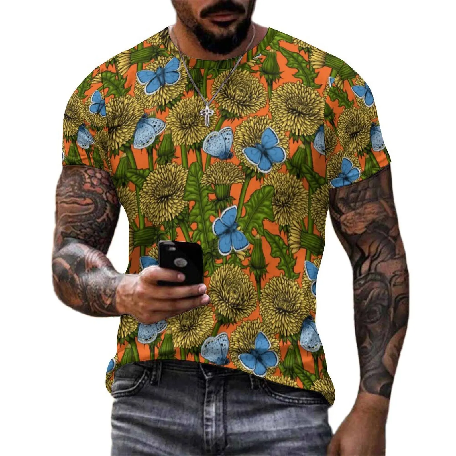 Blue Butterfly Print T-Shirt Dandelion Meadow Hippie T-Shirts Short-Sleeved Graphic Tops Cheap Summer Funny Oversized Top Tees