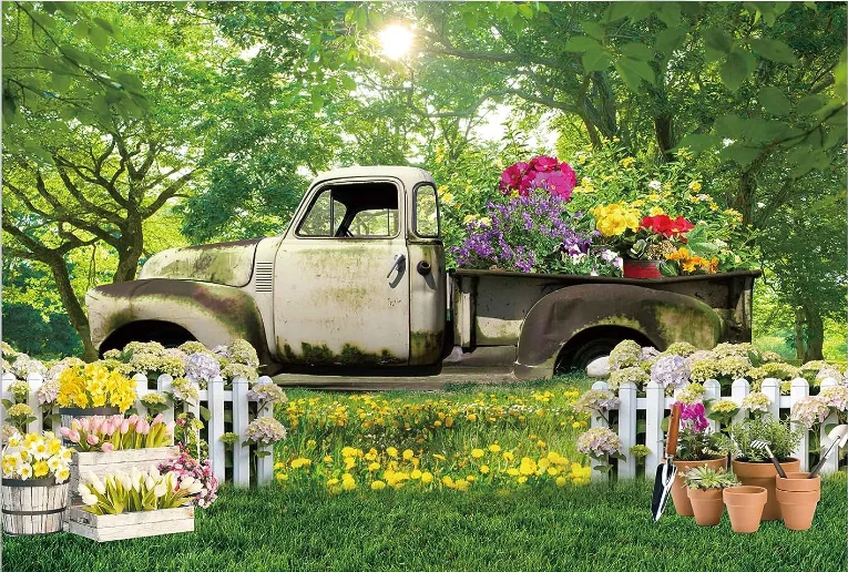 Spring Garden Truck Backdrop Green Grass Floral Natural Countryside Scenery Background for Photography Baby Shower Newborn Party