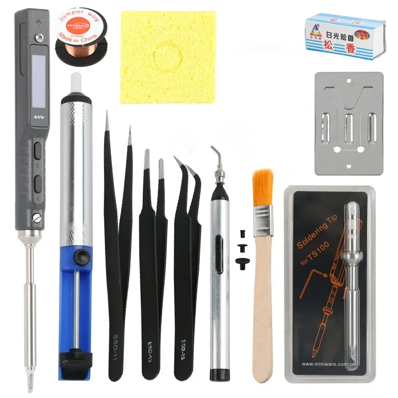 

TS100 Upgraded Full Set Mini TS101 Digital Electric USB Smart Adjustable Soldering Iron 65W LCD Programmable+2 Solder Iron Tips