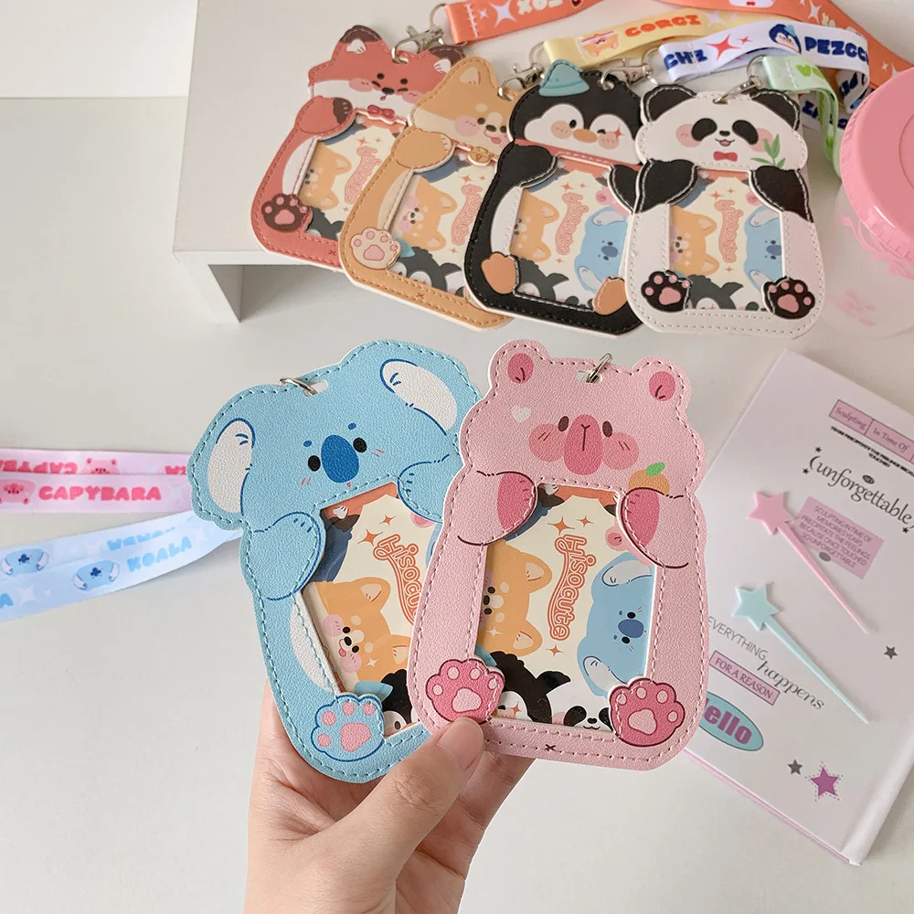 Cartoon Animal Shaped Long Rope Neck ID Card Holder Student Bus Card Cover Case Badge Holder Kpop Idol Photocard Holder