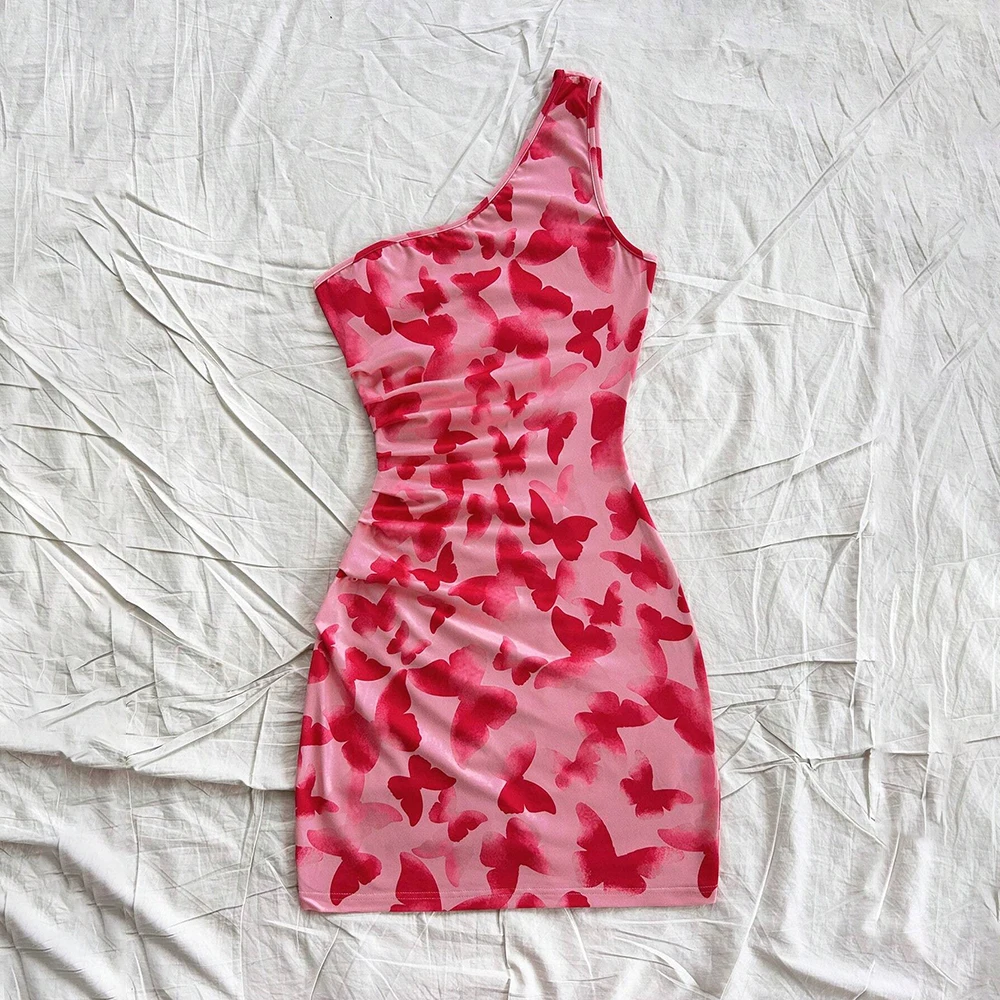 Robes printemps été Hotsweet mode imprimé graphique sans manches une épaule Mini vacances Cami robes pour les femmes