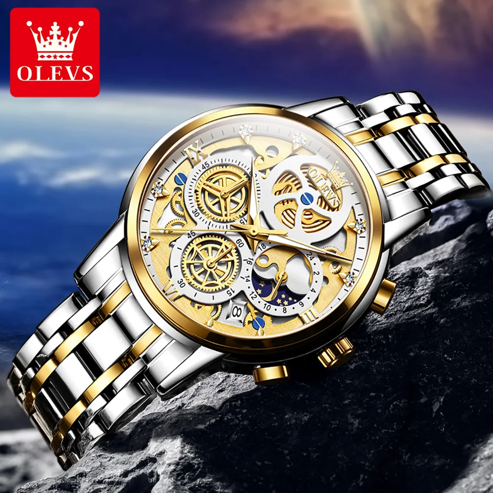 OLEVS Men\'s Quartz Watch Skeleton Stainless steel Waterproof Luxury Business Luminous Gold Watch Quartz Men\'s Watch Reloj Hombre