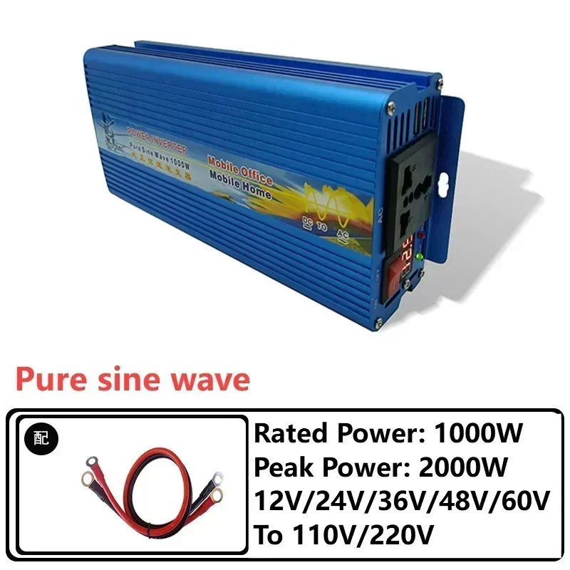 1000W Pure Sine Wave Inverter 12-60V to 110-220V Solar LED Display Dual USB