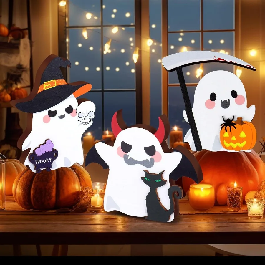 ของตกแต่งฮาโลวีนรูปผีตลก 3 ชิ้น ของตกแต่งภายในบ้านสุดหลอนสำหรับวางบนโต๊ะและถาดวางของ ของตกแต่งฟักทองรูปผีน่ารักสองด้านสำหรับงานปาร์ตี้หรือตกแต่งบ้าน