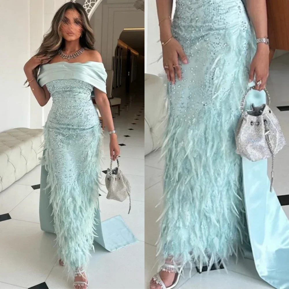 Customized Jersey Beading Feather Valentine's Day A-line Off-the-shoulder Bespoke Occasion Gown Midi Dresses Elegant Exquisite H