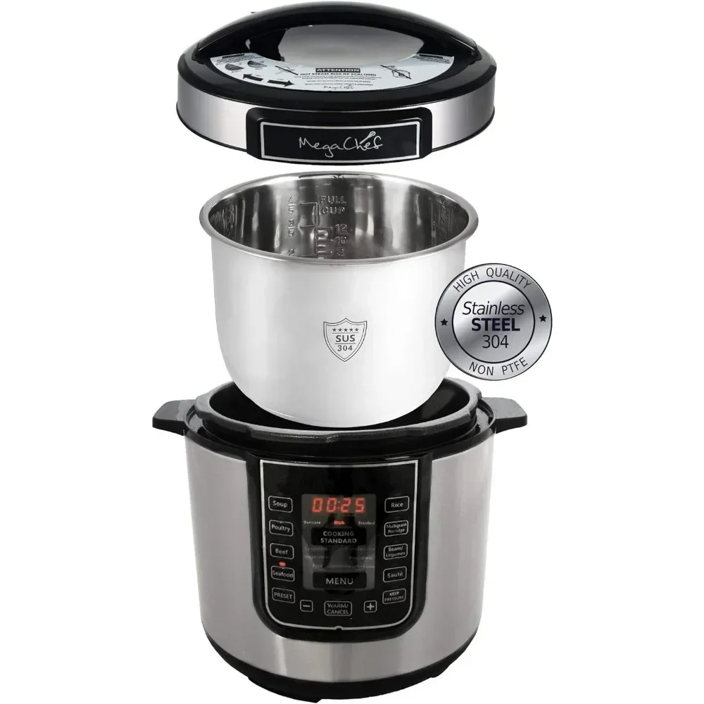 

L Digital Pressure Cooker, Silver, 6 Quart, Multifunctional Cookware, Preset Timer, Stainless Steel