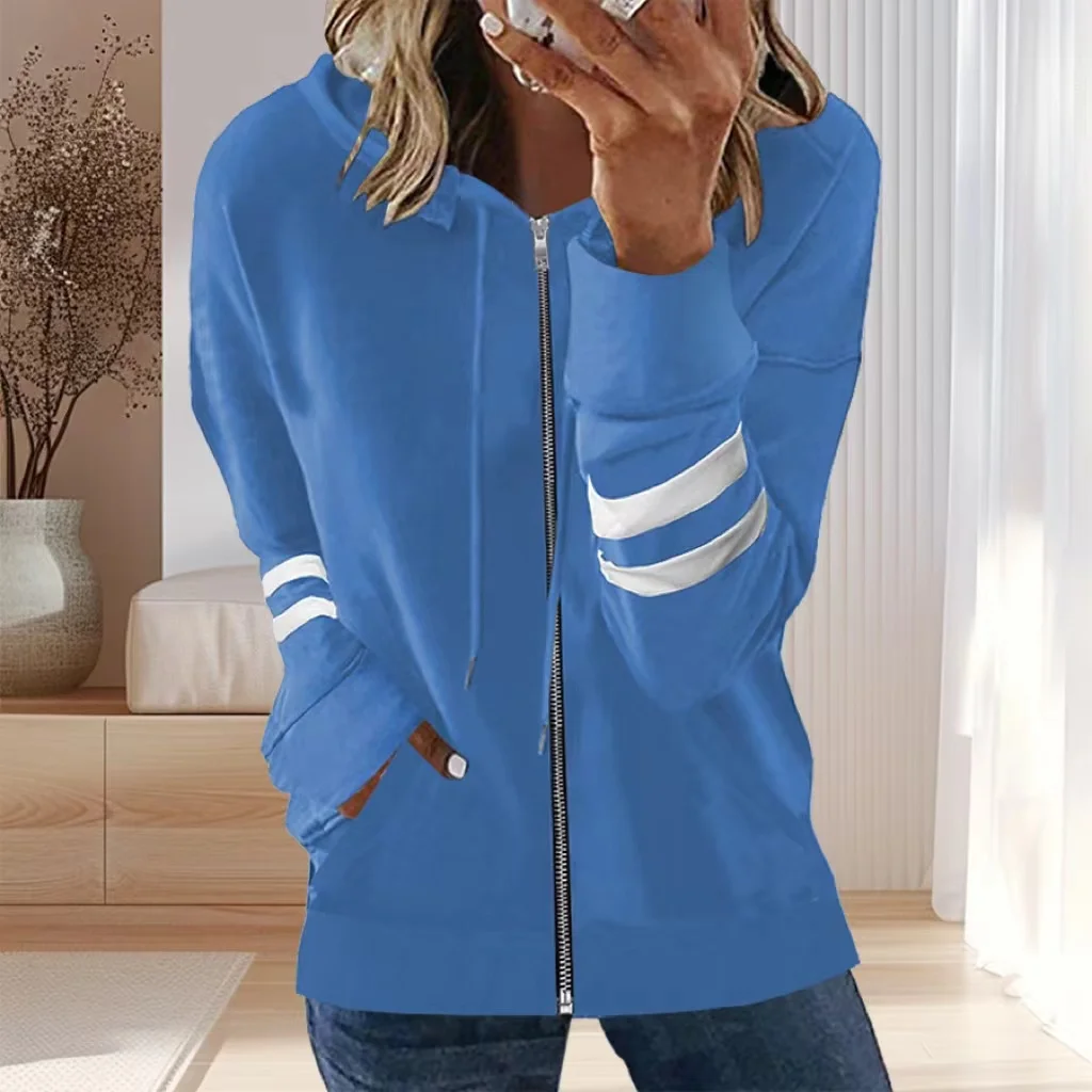 

Plus Size Striped Zip Up Drawstring Hoodie, Casual Long Sleeve Outwear For Fall & Winter, Women's Plus Size Clothing
