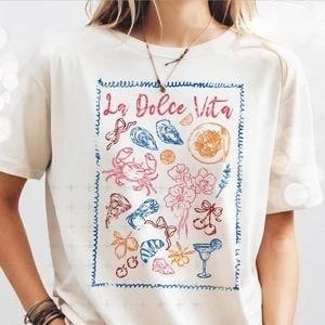 

La Dolce Vita Ретро футболка с итальянской едой Дизайн Ретро Vibes Эстетическое лето для женщин Хлопковые топы с узором Дышащая рубашка
