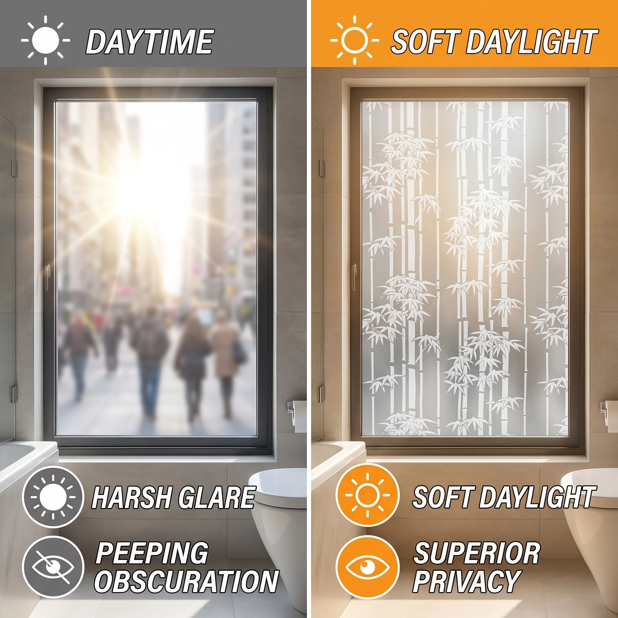 Self‑Adhesive Bamboo Pattern Window Film Frosted Privacy Glass Sticker White Botanical Print Anti‑Glare Decor Window Tint