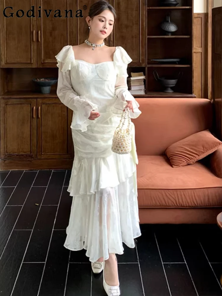 

Spring Autumn Large Size Female Court Retro Square Neck Dress High Waist A-line Irregular Ruffles Long Sleeve Princess Dresses