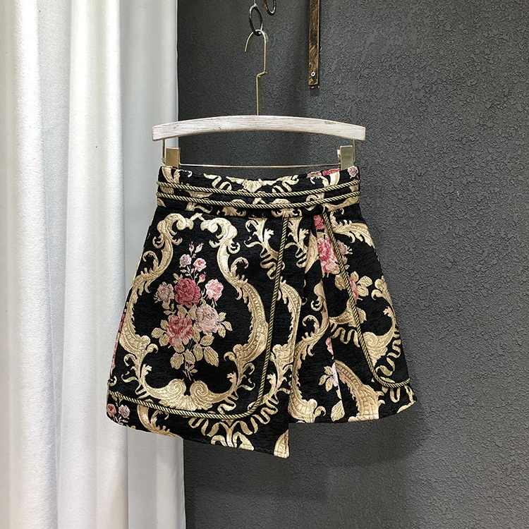 Vintage Flower Jacquard Designer Skirt Women High Waist Fake Two Patchwork A-line Skirts Female 2025 Celebrity Chic Pants Skirt