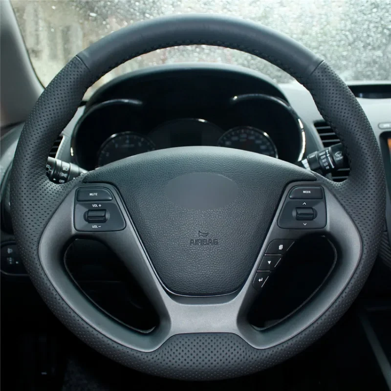 

DIY Hand-Stitched Non-slip Durable Black Artificial Leather Car Steering Wheel Cover for Kia K3 2013 K2 R Interior Accessories