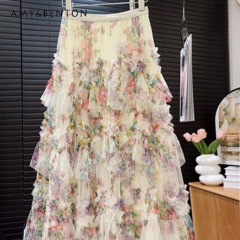 

European American Design Heavy Craft Splicing Printed Mesh Women's Skirt Spring New Versatile Floral Puffy Long Skirts Ladies