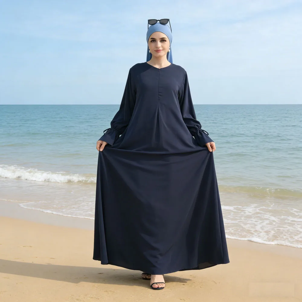 

2026 Muslim Dresses for Women Dubai Abaya Drawstring Horn Sleeve Long Maxi Dress Modest Robe Kaftan Ramadan Femme Islam Clothing