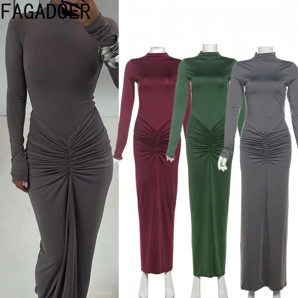 

FAGADOER Elegant Ruched Patchwork Dresses for Woman Solid Color High Neck Dress Sexy Female Party Clubwear Vestidos 2026 New