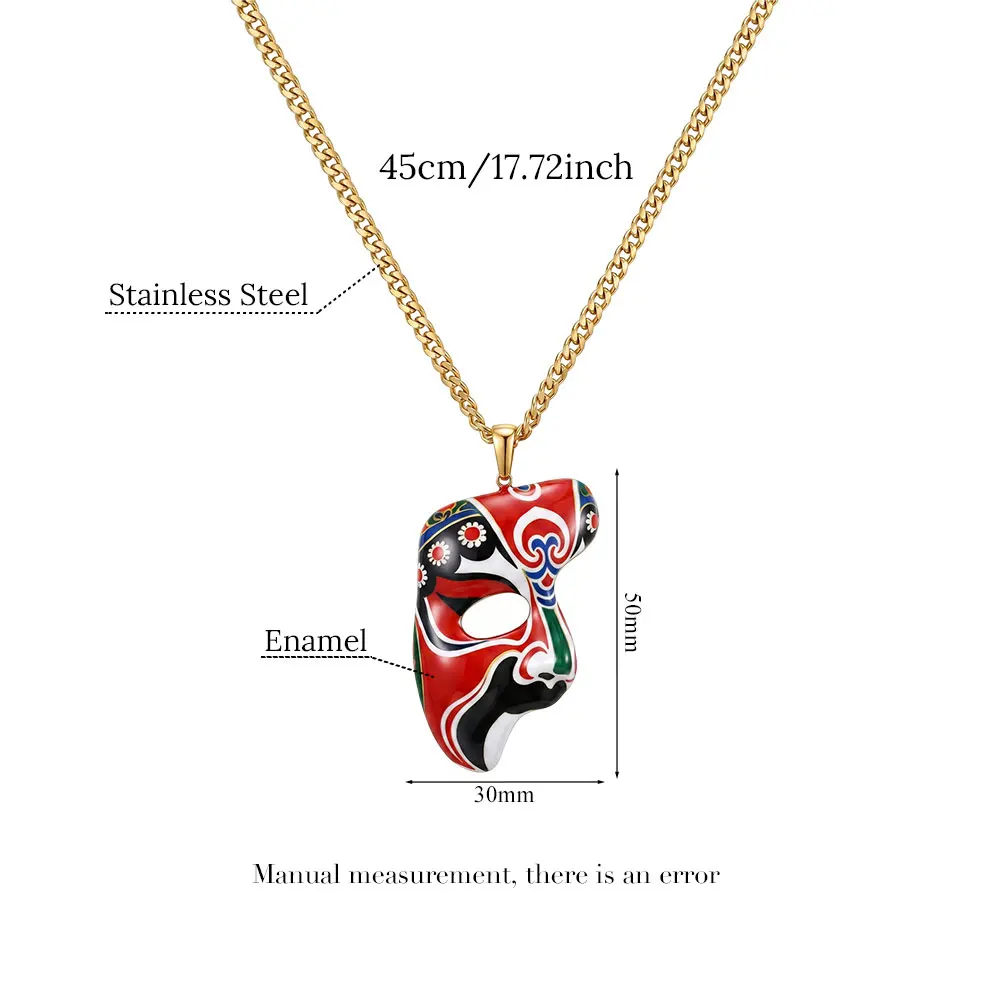 Jolivie Stainless Steel Peking Opera Mask Pendants Neckalce For Women Trendy 18k PVD Gold Plated Necklace Punk Choker Chain