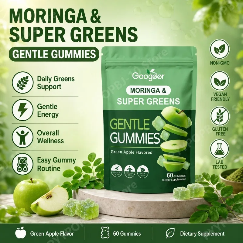 Googeer Moringa Super Greens Gummies Daily Greens Support Green Apple Flavor Vegan 60 Gummies
