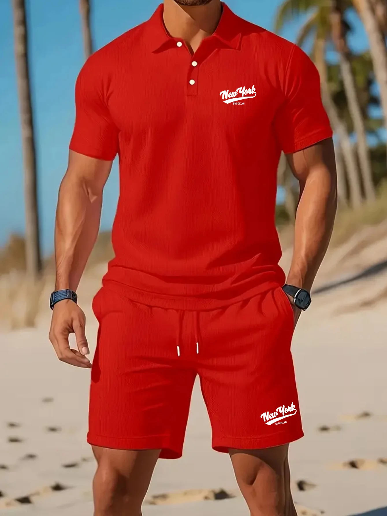 Summer men's fashionable beach short-sleeved polo shirt two-piece casual outdoor lettered slogan pattern sports shorts set