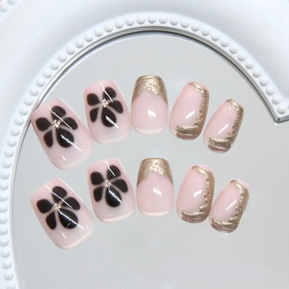 24 pçs moda curto bailarina unhas falsas metálicas flores irregulares dicas de unhas francesas destacável capa completa unhas falsas diy