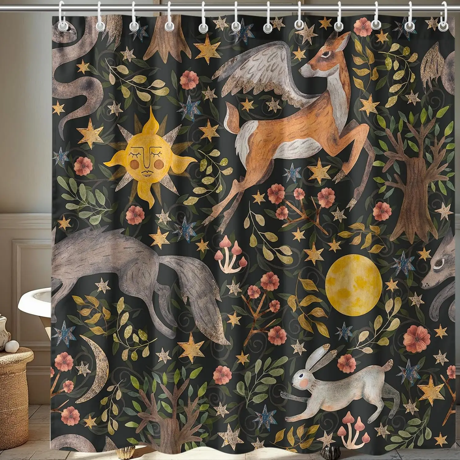 

Boho Sun and Moon Shower Curtain 72x72 Inch with Hooks, Vintage Floral and Animal Print Bathroom Decor
