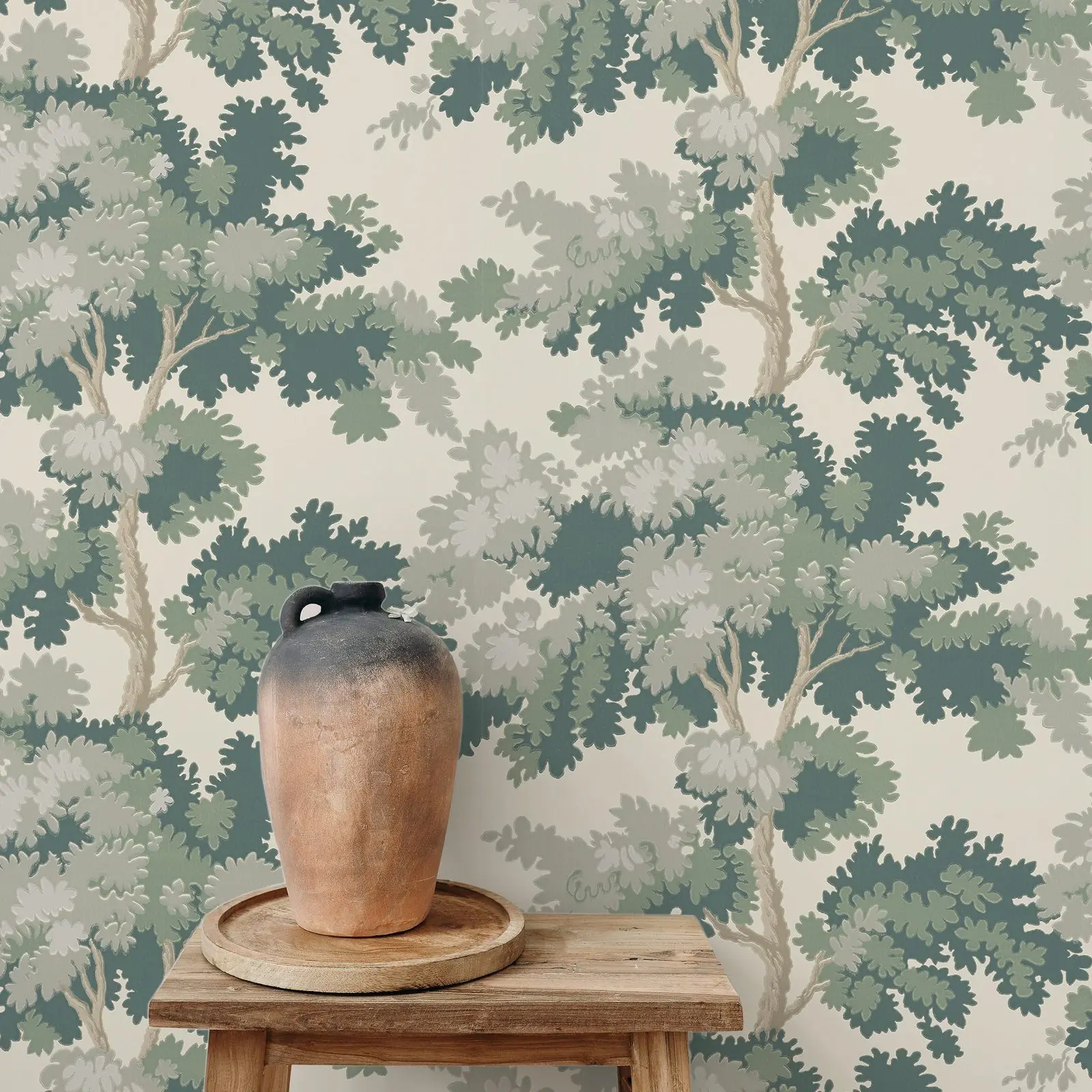 Misty Forest Wallpaper with an antique woven tapestry showing a lush landscape in Green Clor, Scandinavian Wallpaper